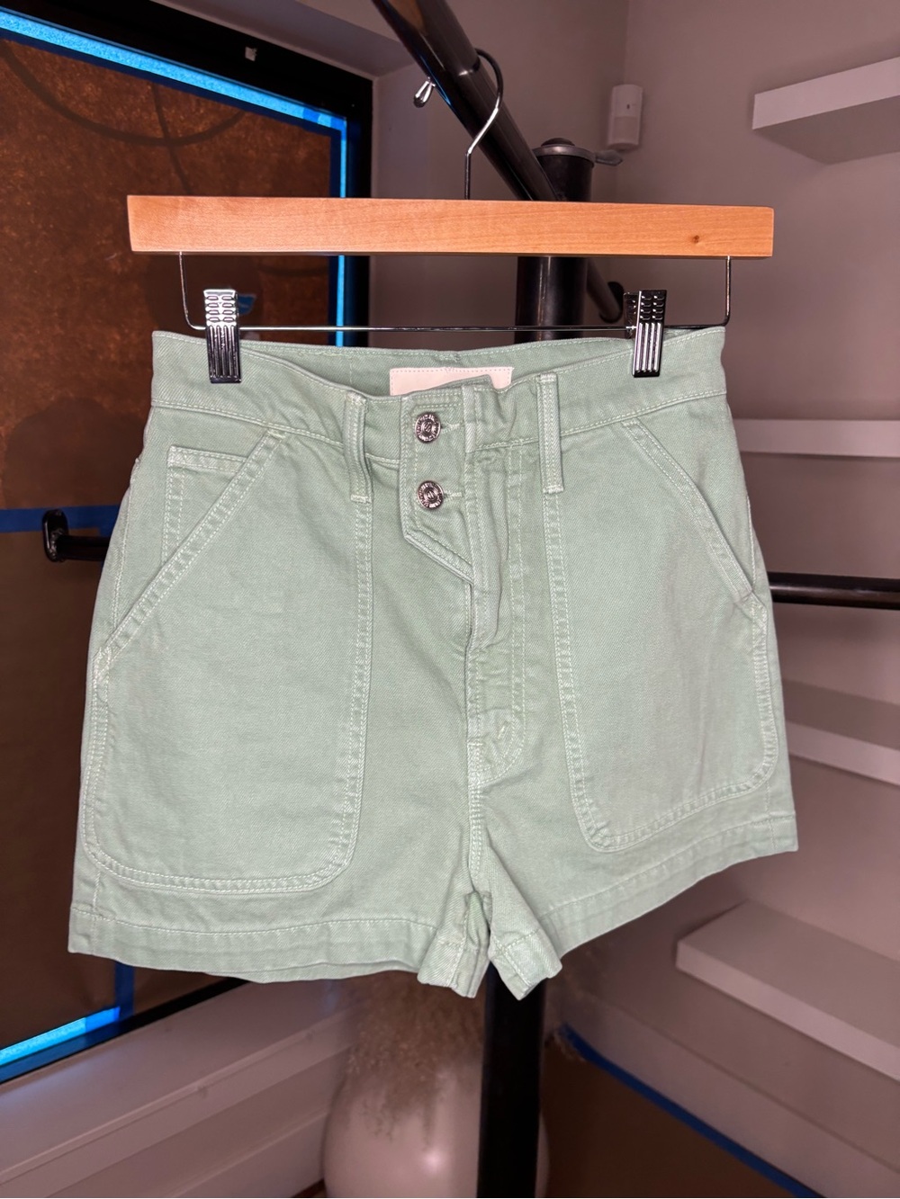 MOTHER The Detour Short - Mint Green High-Waist Utility Shorts